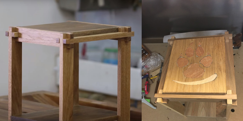 table de chevet personnnalisée avec une incrustation de logo en bois massif