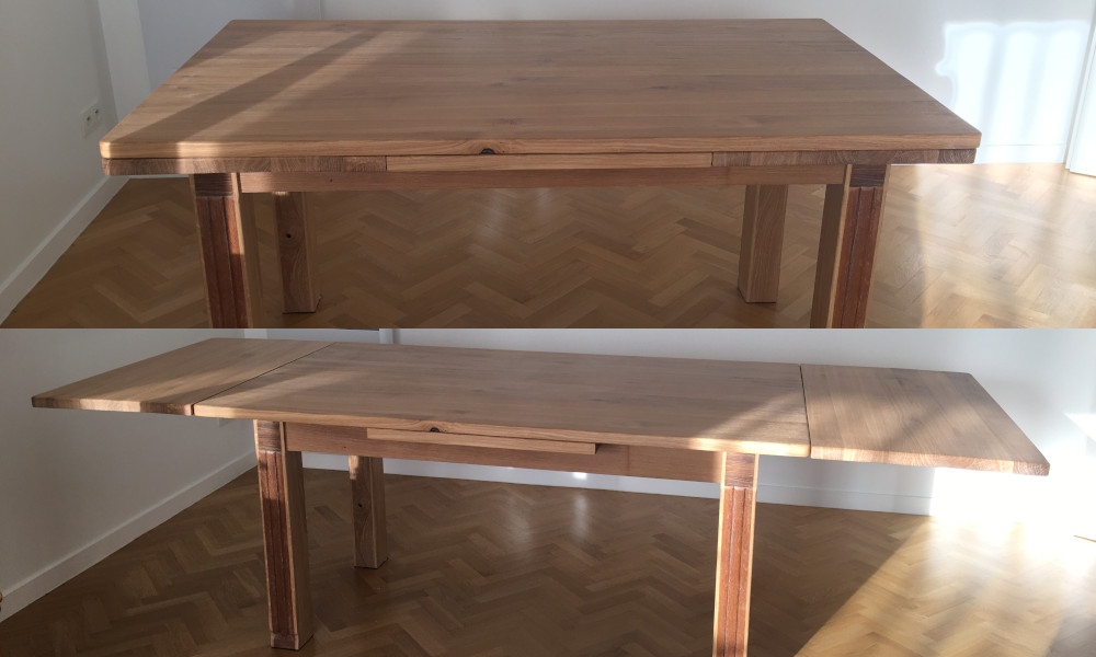 Table livrée, ouverte et fermée, aux dimensions souhaitées et avec l'ancienne table intégrée